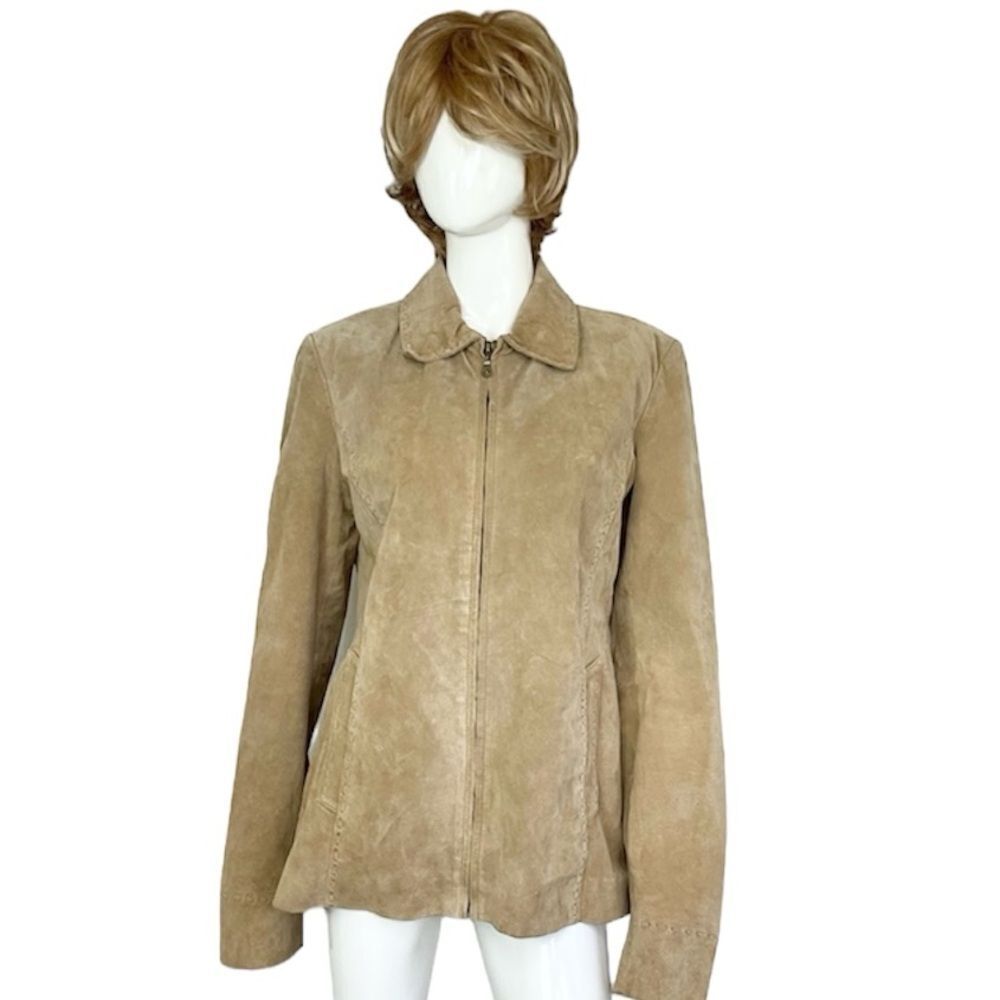 Adler Vintage Camel Suede Genuine Leather Lined Central Zip Collared Jacket XL